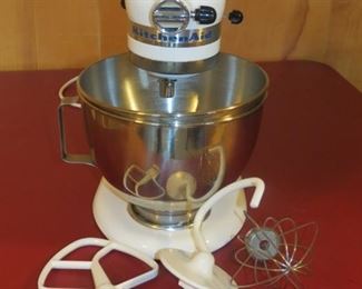 KITCHEN AID MIXER WITH ATTACHMENTS.