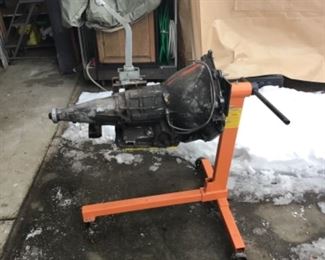 Power Glide transmission on an engine stand