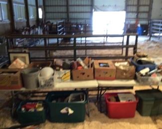 Banana boxes and totes filled ready for auction. Mainly garage and misc tools.