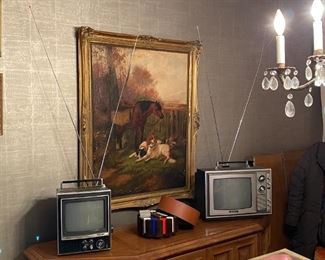 Vintage John Gifford painting with condition issues. Vintage Sony Tritron color tvs. Both power on