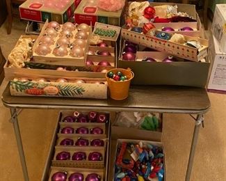 Vintage Shiny Brite pink and purple ornaments, including larger bulbs, minis, and a few micas. Vintage colored light bulbs, plus a few other vintage ornaments 