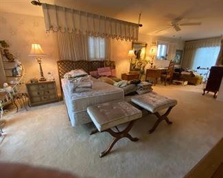 King size MCM vintage Drexel headboard, pair vintage stools with brass end caps, and lots of vintage & newer goodies