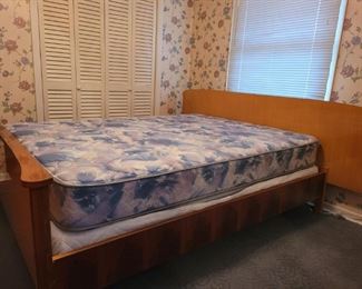 https://ctbids.com/#!/description/share/697646 Wow! Check out this vintage teak bed! This German furniture was owned by a family member from Aachen, Germany. The states that they are at least 40-50 years old. See matching furniture set B2100. The headboard for this bed sticks out a little on both  sides. The total length is 79" wide and stands 34" tall. Includes a queen size mattress and box spring that looks new. The height to the mattress is 23" tall. The footboard is 26" tall and 63" wide. The whole bed from head board to footboard is 82" long. Please see picture for closeup of leg damage.


