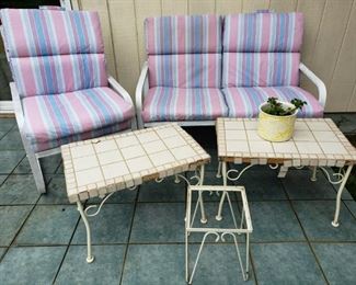 https://ctbids.com/#!/description/share/697677 Metal sofa (47"L x 31"H) and chair (25"L x 31"H), planter, two tile tables (26"L x 18"H) and small metal table (10"L x 13"H).

