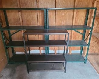 https://ctbids.com/#!/description/share/697682 One small metal storage rack made to look like wooden shelves. Measures 30" x 9 1/2" x 35". Two green shelves measure 36" x 12" x 49". Is made so that you can adjust shelving heights . Is attached to wall so you will need to bring the proper tool to remove them. Held in place by two screws each. Last photo shows the type they are.

