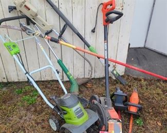 https://ctbids.com/#!/description/share/697683 There is a cultivator, two electric hedge trimmers, a limb cutter, two weed wackers and a edge hog. Edge hog comes with replacement blade and there is extra trimmer lines for the weed wackers. These are name brand power tools Ryobi, Craftsman and Black and Decker.

