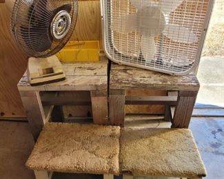 https://ctbids.com/#!/description/share/697709 Both fans do work. One is a box 21" x 21" fan and the other is an older 21" tall rotation fan. There are four stools. The two padded ones are 11" tall. The two taller benches are 22" tall.

