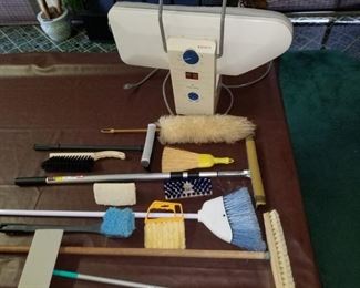 https://ctbids.com/#!/description/share/697714 Singer Magic Press iron, brooms long handled and short, mini blind cleaner, duster, squeegees and more.

