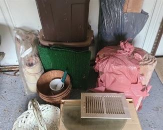https://ctbids.com/#!/description/share/697729 Astroturf, glass pieces, baskets, carpet pieces and two bins with lids. Bins can be used for storage or as trash can. Store dog food, fertilizer, small tools and anything else you can think of. Carpet doesn't come with a full roll to cover a room, unless its a closet or bathroom. Though using creativity there are a a lot of options with what to do with it. Would be perfect for cat owners make a cat tree, tack a piece to the wall so they stop ruining the sideboard. Astroturf measures 22" x 19". Glass pieces measure 16" x 18". Rubbermaid bin measures 18" x 11" x 19".

