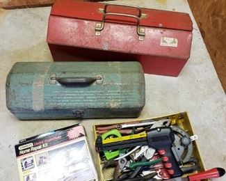https://ctbids.com/#!/description/share/697736 Two metal tool boxes filled with tools and building supplies as well as large tray of miscellaneous tools.

