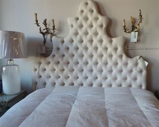 UPHOLSTERED HEADBOARD  & FRENCH SCONCES