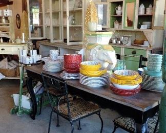 CABINET, ANTIQUE TABLE &  MELAMINE DINNERWARE