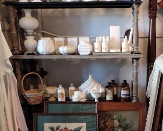 HANDCARVED SHELF WITH GREY WASH WITH DECOR AND LOTIONS