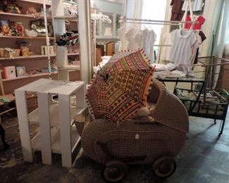VINTAGE UMBRELLA, SHELVES & CHILDREN'S CLOTHES