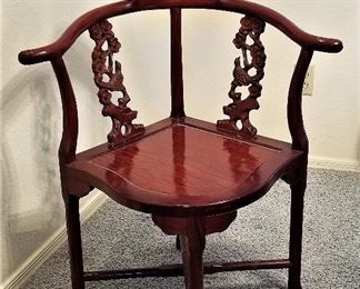 Rosewood Oriental Corner Chair Hand Carved Back Supports. There are 4 matching chairs. Gorgeous!