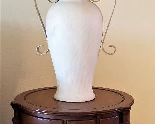 Unique white lamp with metal. Round side table for sofa or bedroom. Opens for storage.