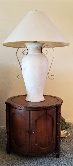 Unique white lamp with metal. Round side table for sofa or bedroom. Opens for storage.