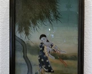 Antique reverse painting Asian landscape. 