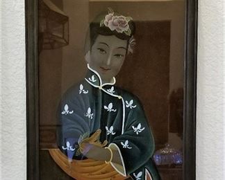 Antique reverse painting Asian woman. 