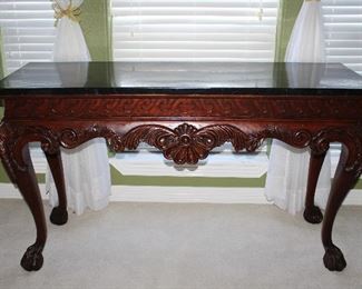 Mahogany Ornate Cabriole Leg Claw Foot Console Table with Black Marble Top (60”W x 20”D x 34”H)