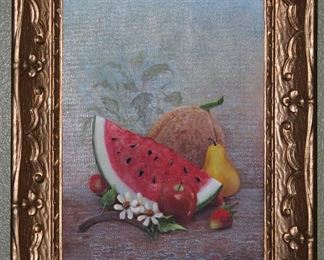 Texas Artist Maxine Cornelius Watermelon  & Fruit Still Life Original Oil on Canvas (12”x 16”)in a Gold Finish Vintage Frame. Overall (17 1/2” x 21 1/2’)