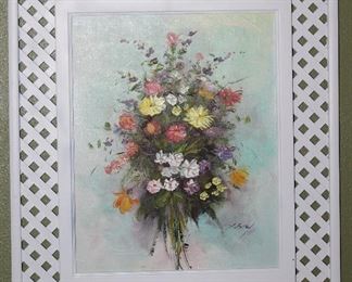 Original Oil on Canvase (16” x 20”) Floral Still Life Signed by Artist w/White Lattice Wood Frame (25 1/8” x 29 1/8”)