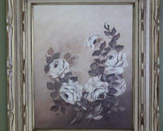 White Roses Still Life Original Oil on Canvas (16” x 20”) Signed by Artist F. Seidler with a Antiqued White Painted Wood Frame (23 5/8” x 28”)