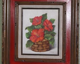 Original Art on 8” x 10” Canvas Board “Hibiscus” Still Life  - Linen Mat Wood Frame with Red Border’.  Overall: 16” x 18 1/4”