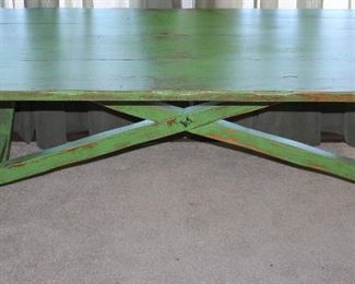 Vintage Slat Top Cross Stretcher Green Washed  Cocktail/Coffee Table (44”W x 20”D x 17”H)