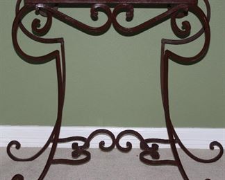 Wrought Iron Tiled Top on Scrolled Base Occasional Table  (table top 24”x 12”). Over all (28”W x 13.5”D x 32”H)
