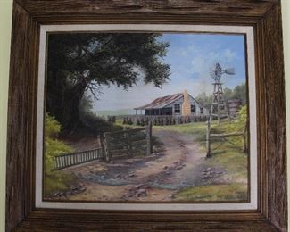 Original Oil on Canvas (25’ X 20”) Signed by Artist Linda Hass. Old Homestead with Windmill with a Linen Mat Wood Frame (32.5’ X 28.5”)