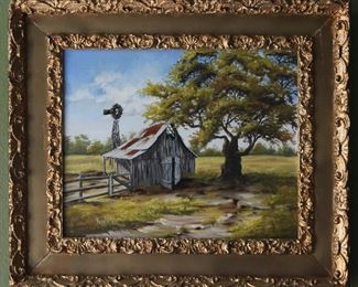 L. Hass Original Oil on Canvas:  Shed with Windmill (20” x 16”). Gold Finish Antique 4” Wood Frame. Overall (28” x 25”)