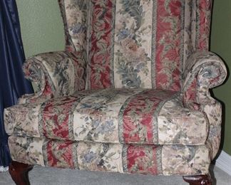 Broyhill Brocade Floral Burgundy Strip Upholstered Wingback Chair Raised on Cabriole Ball & Claw Foot Legs
