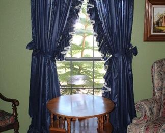 ETHAN ALLEN VINTAGE SOLID MAPLE  ROUND REVOLVING DRUM TABLE 2-TIER (28”D x 25 1/2”H)                  10-8586 . Shown with Dorthy’s Ruffled Originals Navy Priscilla Curtains (Several Pair Available)