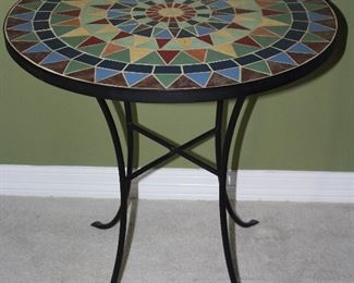 Mosaic Tile Top Wrought Iron Base Bistro Style Table  (27”H x 26”D)