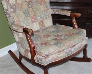 Sam Moore Vintage 1940’s Depression Era Rocker with Patchwork Pattern Woven Tapestry Upholstery Fabric 