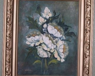White Floral Still Life Original Oil on Canvas (16” x 20”) Signed by Artist “dWilliams” with Gold Finished Vintage Frame. Overall (23 3/8” x 27 3/8”)