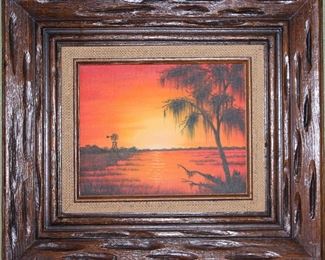Original Oil on Canvas (8” x 10”) signed by Artist “Arigo” with Burlap Mate Wood Frame.   Overall:         (18 5/8” x 16 3/8”)