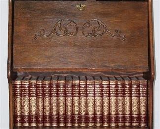 Antique Oak Slant/Drop Front Secretary Bookcase w/ Bevel Mirror Gallery Shelf (31.5”W x 13”D x 61.5”H)