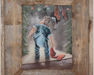 Original Art on Canvas (11”x14”) Signed by Artist, Maxine Cornelius, “Looking for Santa” frame in a Barn Wood Frame (19” x 22”)