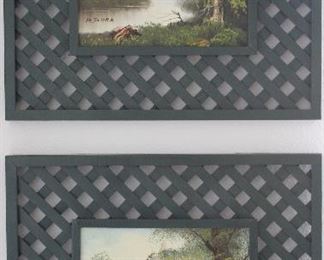 Original Oils on Canvas (8 x 10) by Artist Roger Farr Framed in Green Wooden Lattice Frame (Overall 18’ x 16”)