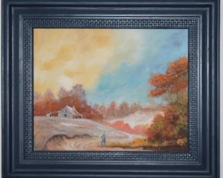 Original Art on Canvas (20” x 16”) Signed by Artist Country Fall Landscape with Blue Wood Frame (28” x 24”)