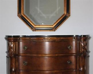 Cherry Bombe Style  4 Drawer Chest with Black Marble Top. (44”W x 19”D x 36”H).                                      The Uttermost Company Bronze Leaf & Black Beveled Elongated Octagon Mirror (28” x 40”)