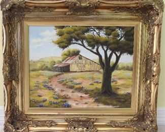Original Oil on Canvas by Linda Hass Landscape with Barn (20” x 16” in a Gold Baroque Style Frame (overall (29.5” x 25.5”) 