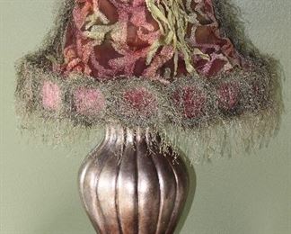 Platinum Finish Urn Base Table Lamp with Custom Burn-Out Fabric Shade Embellished with Silk Rose and Feathery Fringe (430