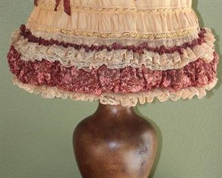 Hand Painted Bronze Finish Urn Base Lamp with Custom Lace and Ruffle Shade (31”H)