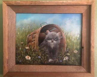 Maxine Cornelius Original Oil on Canvas “Kitten in a Bushel Basket” Frame in an 14” x 11” Barnwood Frame.  Overall (18” x 15”)