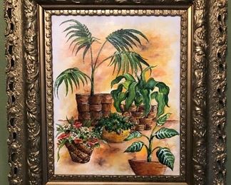 Original Oil on Canvas (16”x20”) Potted Plants Still Life with an Gold Painted Antique Frame (27” x 31”)