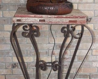 Wrought Iron Rustic Wood Top Table with Crow. Table Fountain