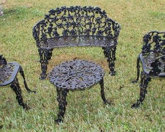 Vintage Cast Iron Ornate Grape Vine Pattern Patio Furniture: Settee, Side Chair, Arm Chair and Table